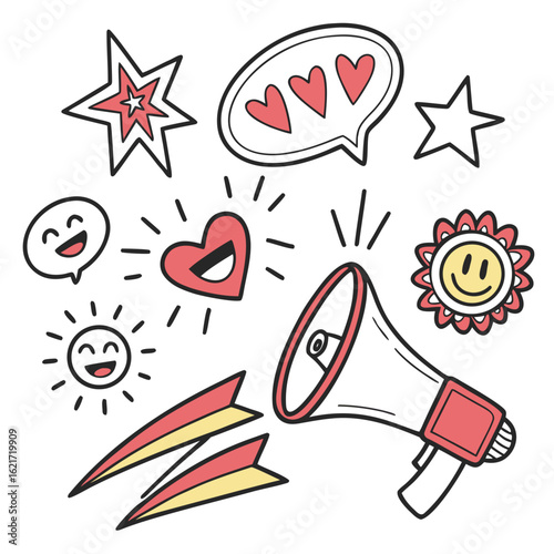Collection of cheerful hand drawn doodles with a megaphone and hearts