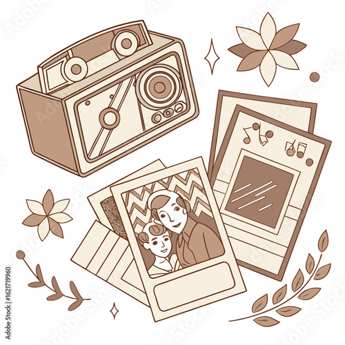 Vintage radio and family photos with decorative elements