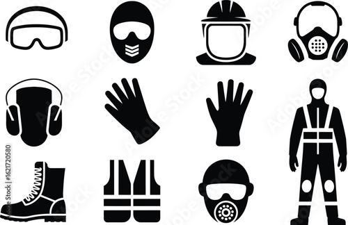 Safety and protective gear icons set safety helmet