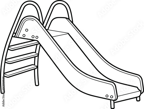 Playground Slide Line Drawing, Dual Curved Sliding Surfaces, Ladder with Three Steps, Four-Legged Support Frame, Outdoor Play Equipment Sketch