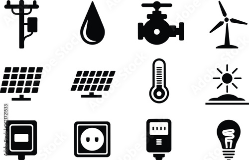 Renewable energy and utility icons power pole water drop