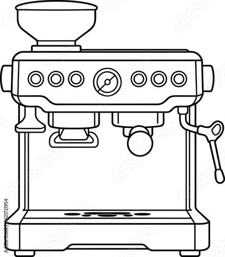 Espresso Machine Line Drawing, Coffee Bean Hopper, Pressure Gauge Detail, Dual Portafilters, Steam Wand, Kitchen Appliance Sketch, Barista Equipment Illustration