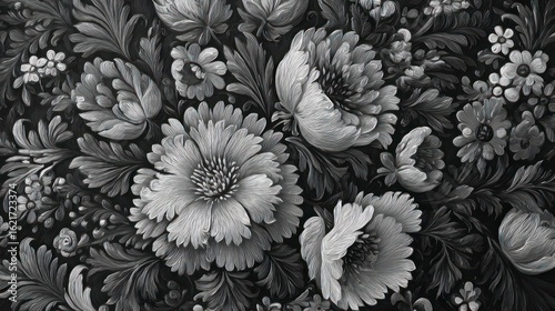 Wallpaper Mural Intricate grayscale floral painting showcasing detailed blooms and leaves Torontodigital.ca