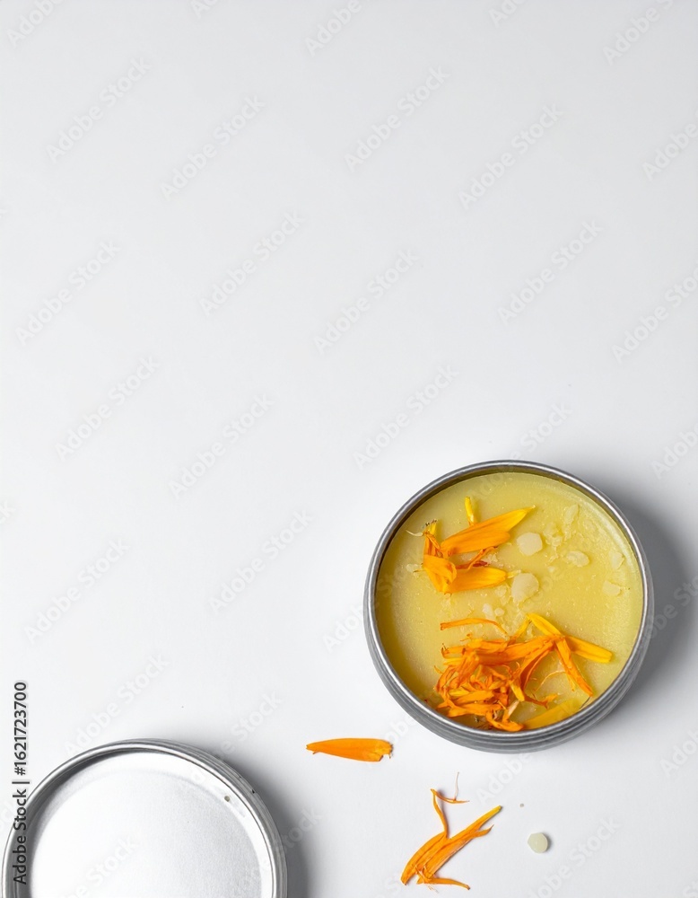 Natural botanical balm with calendula petals in open tin, clean white background, cosmetic ingredient detail Natural botanical balm with calendula petals in open tin, clean white background, cosmetic ingredient detail