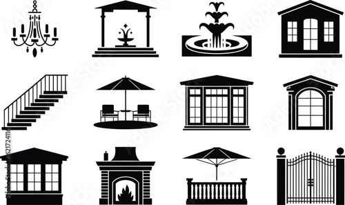 Architectural elements and outdoor furniture icons Keywords: chandelier, staircase, gazebo