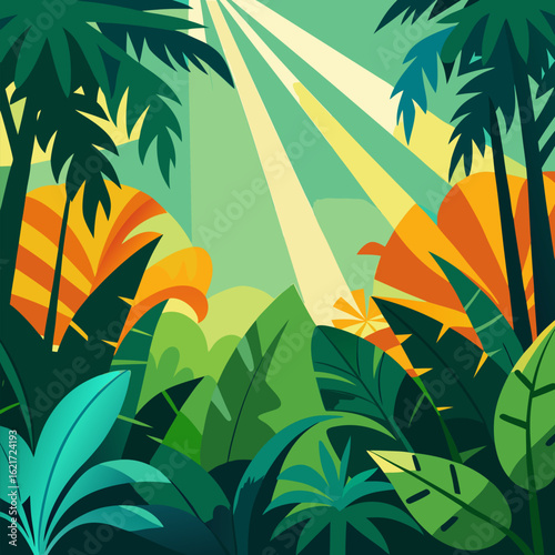 Vibrant tropical jungle with sunbeams and large leaves vector landscape background.