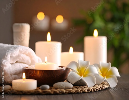 Spa scene with candles, towels, and flowers
