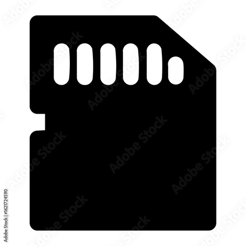 Minimalist vector icon of a flash memory card. A simple black silhouette symbol for digital data storage, technology, and information transfer.