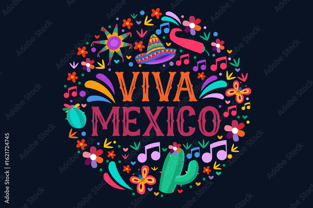 Fototapeta premium decorative design viva mexico for poster design. cactus, sombrero, flower, chile and element celebration party