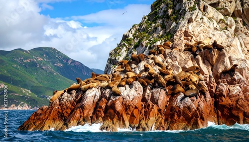 Seals resting on rocky coastline