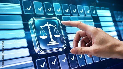 Hand interacting with digital justice interface, scales of justice concept for legal technology, digital law, compliance, and modern jurisprudence