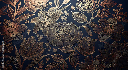 Elegant Copper Line Art Floral Pattern on Dark Blue Background.