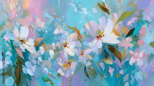 Pastel painting of white blossoms among blue and pink foliage