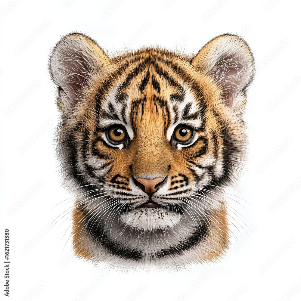 Fototapeta premium Close Up Portrait of a Tiger Cub Against White Background