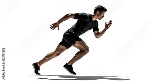 Silhouette of a male athlete sprinting with explosive power. Side view of a muscular runner in dynamic motion against a clean white background.