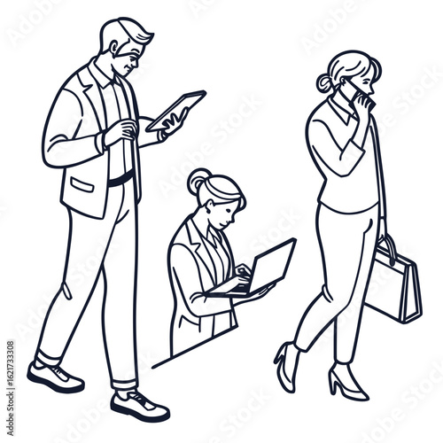 Business professionals using technology on the go and at their desks