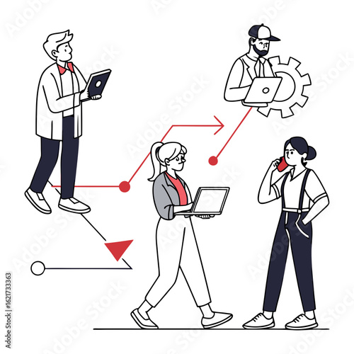 Diverse business professionals collaborating and using technology in a modern office environment