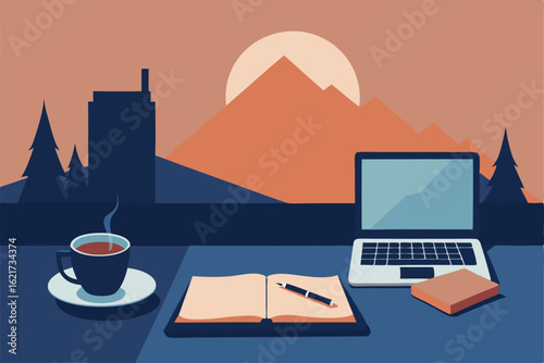 remote working setup mockups with laptop  coffee  (1).eps