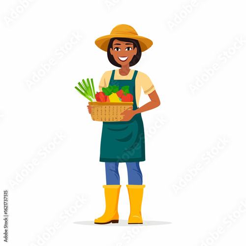 Vector character of a smiling female farmer in a hat, apron, and boots, holding a basket of fresh vegetables.