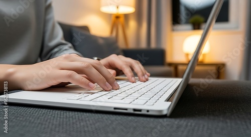 Close up of female hands typing on a laptop keyboard. Concept of remote work, online learning, or freelance business from a cozy home office at night.