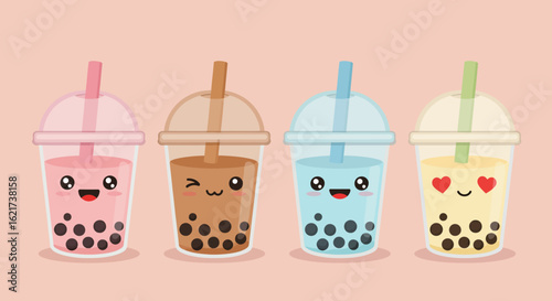 Adorable Kawaii Boba Tea Drinks Expressing Various Cute Emotions with Sweet Toppings and Tapioca Pearls Perfect for Refreshment and Fun