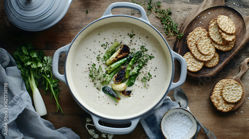 Creamy asparagus soup in casserole dish with crackers