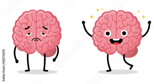 Cartoon illustration of two brains one sad and looking down the other happy and excited with its arms in the air showcasing a transformation from despair to joy