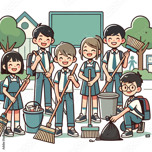 Group Of School Students Cleaning School Yard Cartoon Illustration