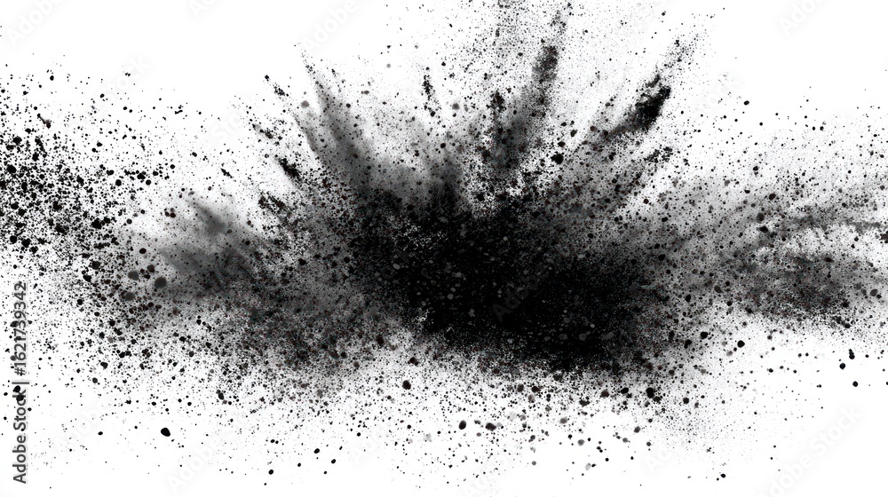 Fototapeta premium Abstract depiction of a mid-explosion, releasing dark particulate matter on a clean white backdrop