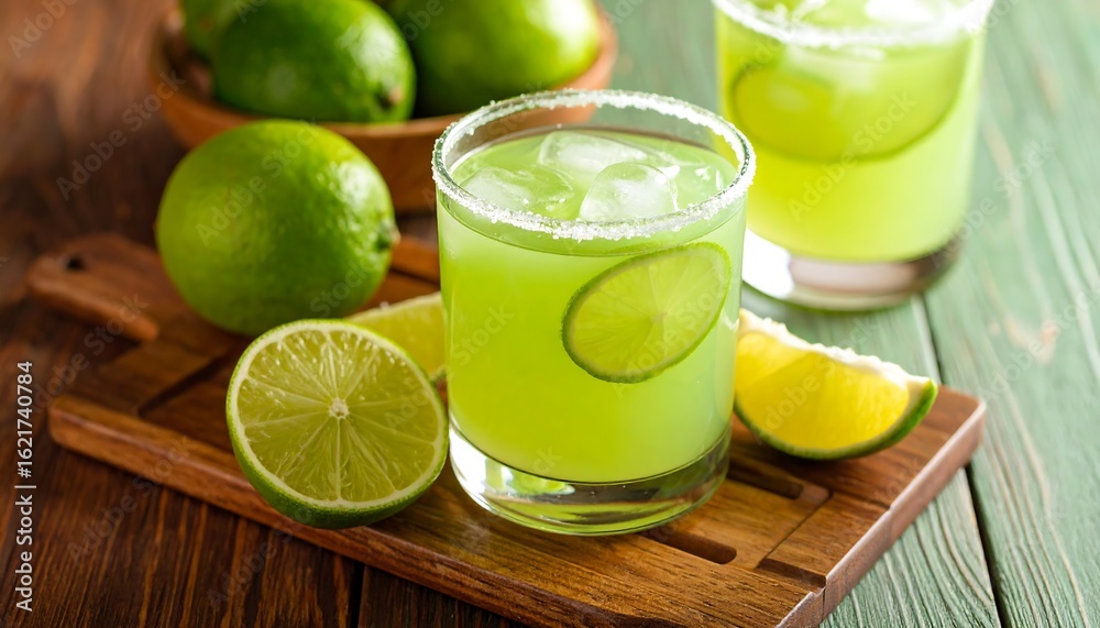 Fototapeta premium Refreshing lime drinks on a wooden surface