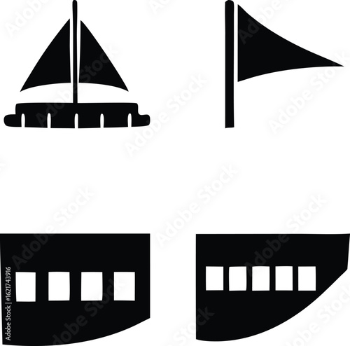 Set of black silhouette sailing icons including a sailboat, flag, and boat hull on white background.