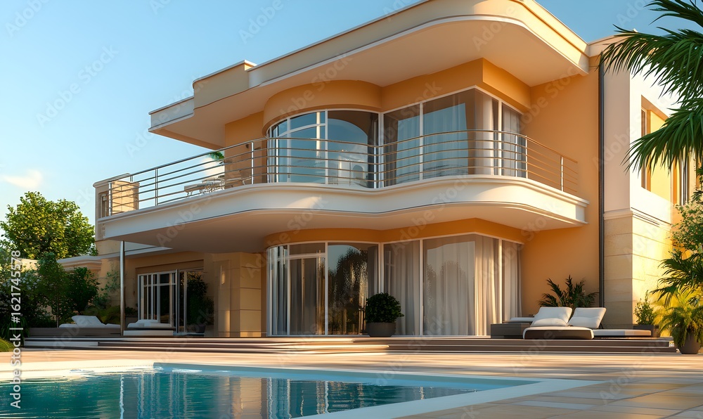 Fototapeta premium Luxury modern villa with pool and palm trees