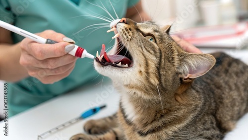 Cat Dental Care Cleaning Procedure by Veterinarian with Toothbrush
