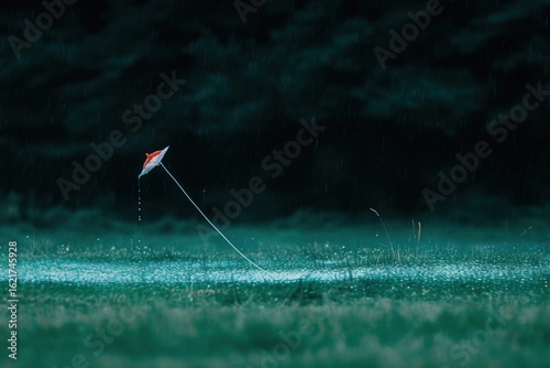Red Umbrella in Rainy Field with Droplets Falling from Canopy