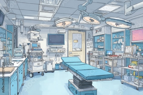 Interior of a brightly lit, cartoon-style operating room