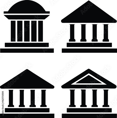 A set of four black vector icons of classical institutional buildings with columns, like banks.