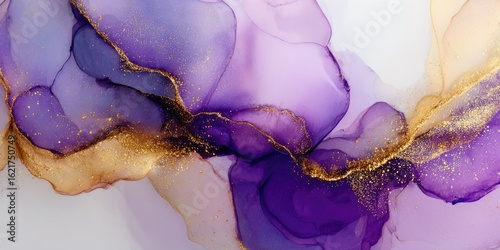 Abstract art with flowing, purple and gold ink, featuring intricate marbling effects