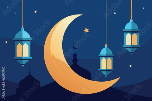 lanterns suspended from a crescent moon with stars.eps