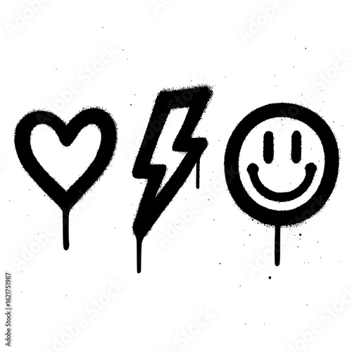 Graffiti Icons Set – Heart, Lightning, Smiley with Spray Paint Effect
This balances key search terms (“graffiti icons,” “spray paint effect”) with vivid descriptors while staying concise and scannable
