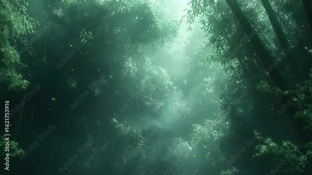 Naklejka premium Dense green forest with fog or mist, sunlight filtering through trees.