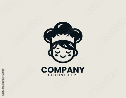 A cheerful young female chef with a tall white hat smiling happily