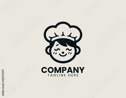 A cheerful young female chef with a tall white hat smiling happily