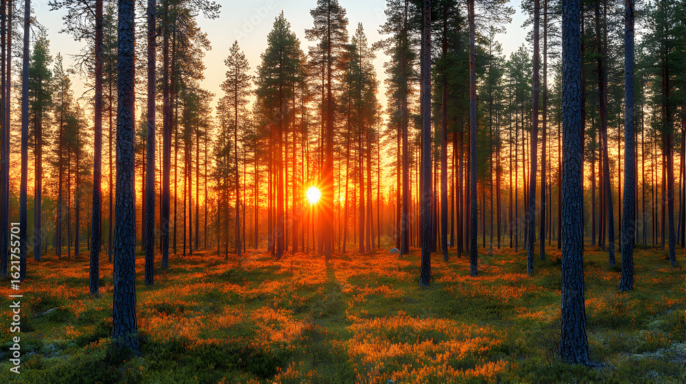 Fototapeta premium Sunset through pine trees in a forest