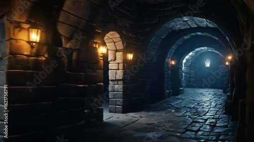 Stone Prison Corridor with Arches and Flashing Lights. 4k videos