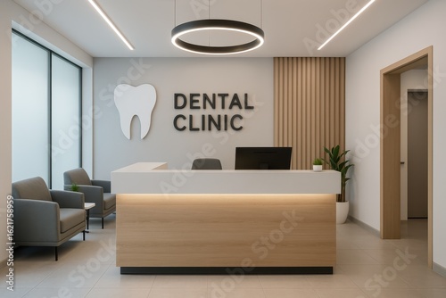 Modern dental clinic reception area with contemporary interior design and professional healthcare atmosphere