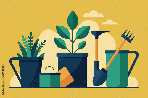 gardening tools with plants  .eps
