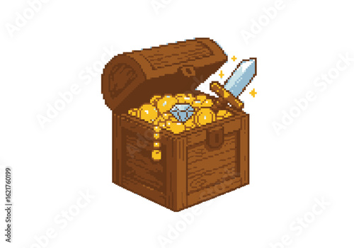Pixel Art Treasure Chest with Gold Coins, Diamond, and Sword