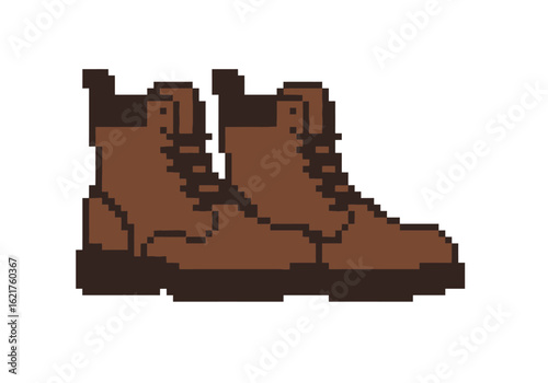 Pixelated Brown Leather Work Boots, Retro Gaming Style Footwear