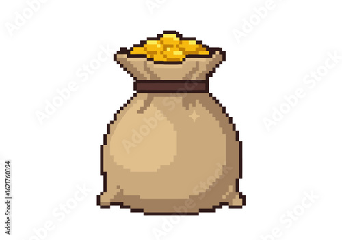 Pixel Art Sack Overflowing with Golden Coins, Tied with Brown Cord