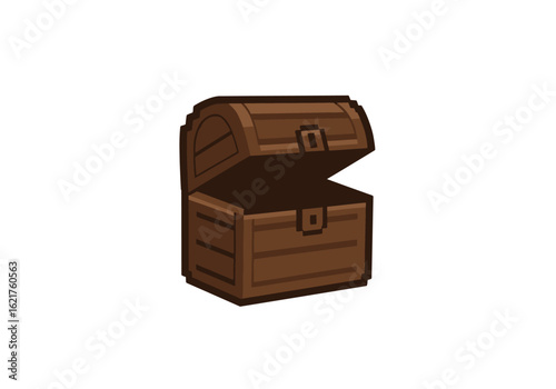 Pixelated Wooden Treasure Chest with Open Lid, Game Asset